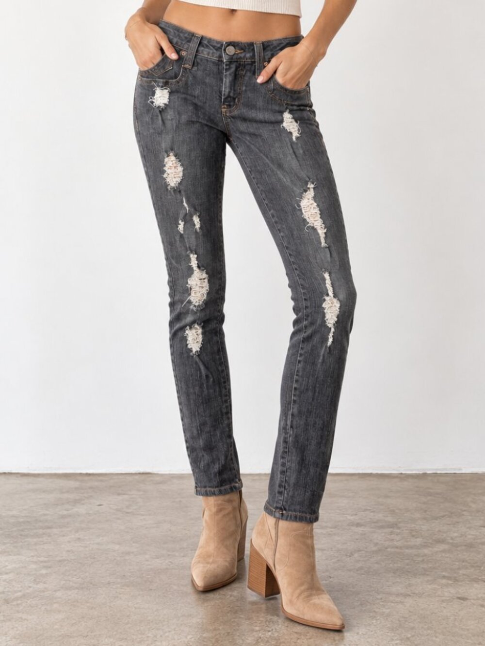 FRANKIE B (VTG) Ultra Low Rise Distressed Skinny Stretch Jeans Washed Black 27
